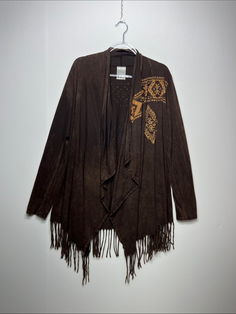 Vocal Brown Open-Front Fringe Cardigan with Tan Embroidered Accent